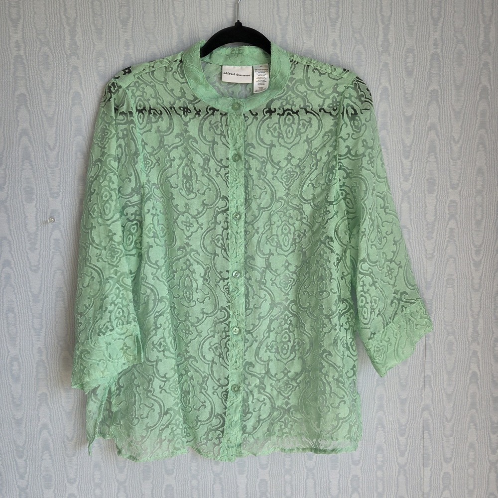 Alfred Dunner Womens 12 Sheer Lace Button Down Top Mint Sea Green Delicate Boho